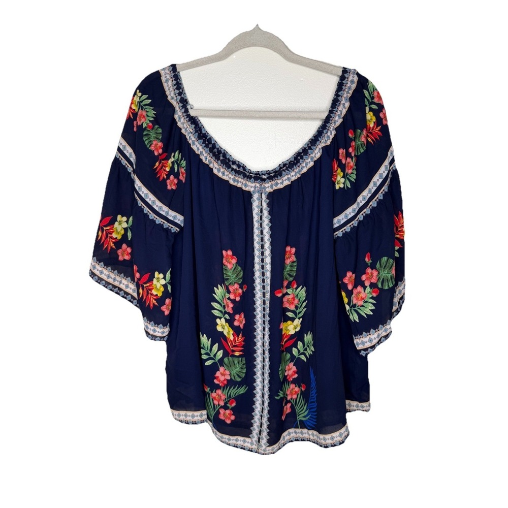 Flower & Feather Off Shoulder Blouse 3XL Womens Plus Size Blue Top
